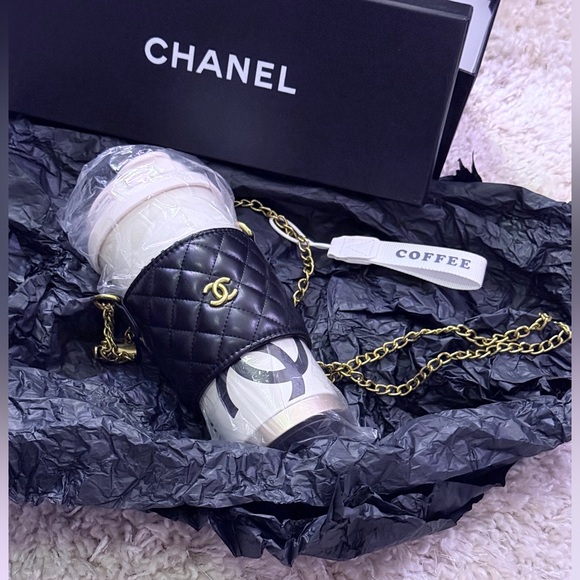 Chanel white Coffee Cup with Black Quilted Holder and Chain Strap - Picture 1 of 5